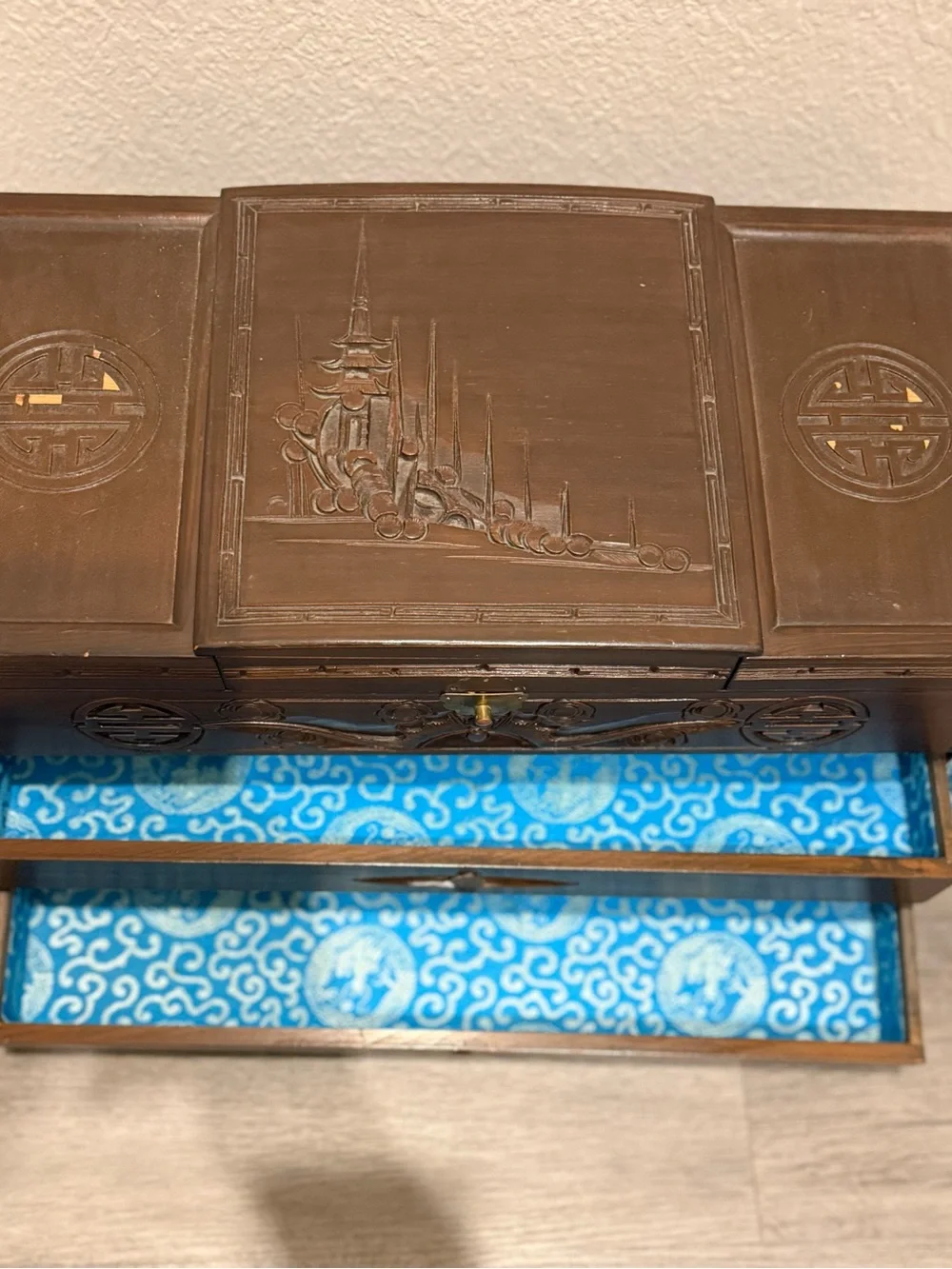 Decorative Blue Fabric-Lined Jewelry Box with Mirror - Brand Unspecified